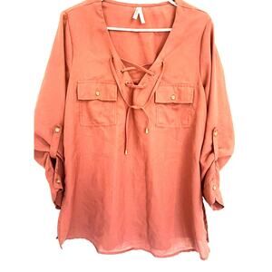 Boho Orange Pullover Top Womens Large Rust Long Tie Front Festival Henley